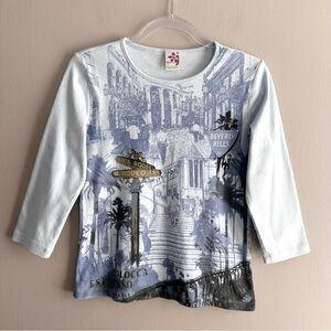 Marietta Blue Y2K Rodeo Drive Beverly Hills Graphic Gemstone Blouse Womens XL